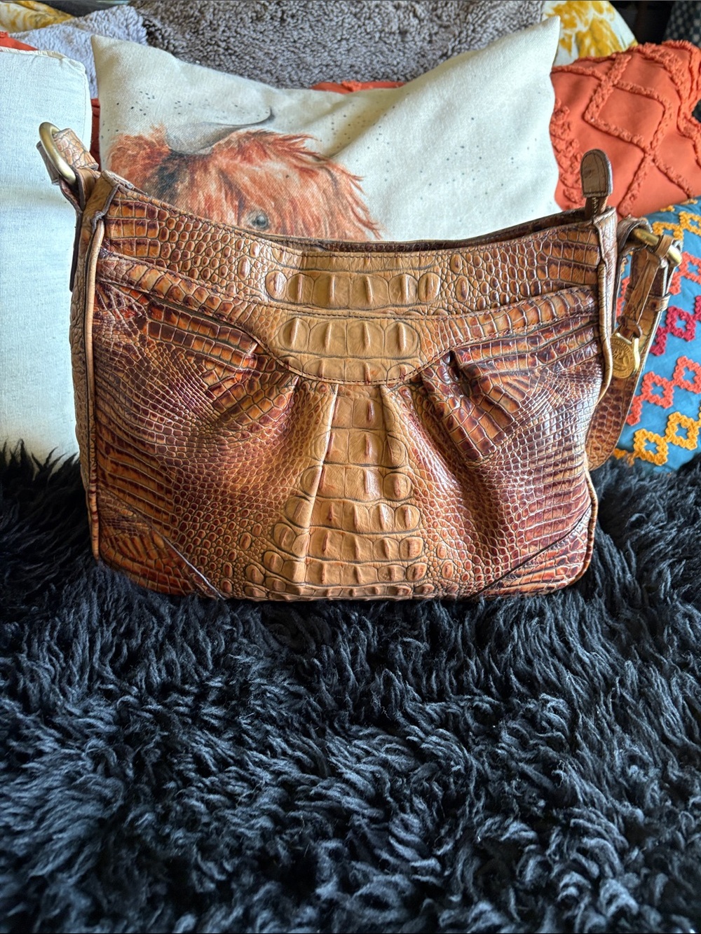 Brahmin Warm Cognac Croc-Embossed Shoulder Hobo